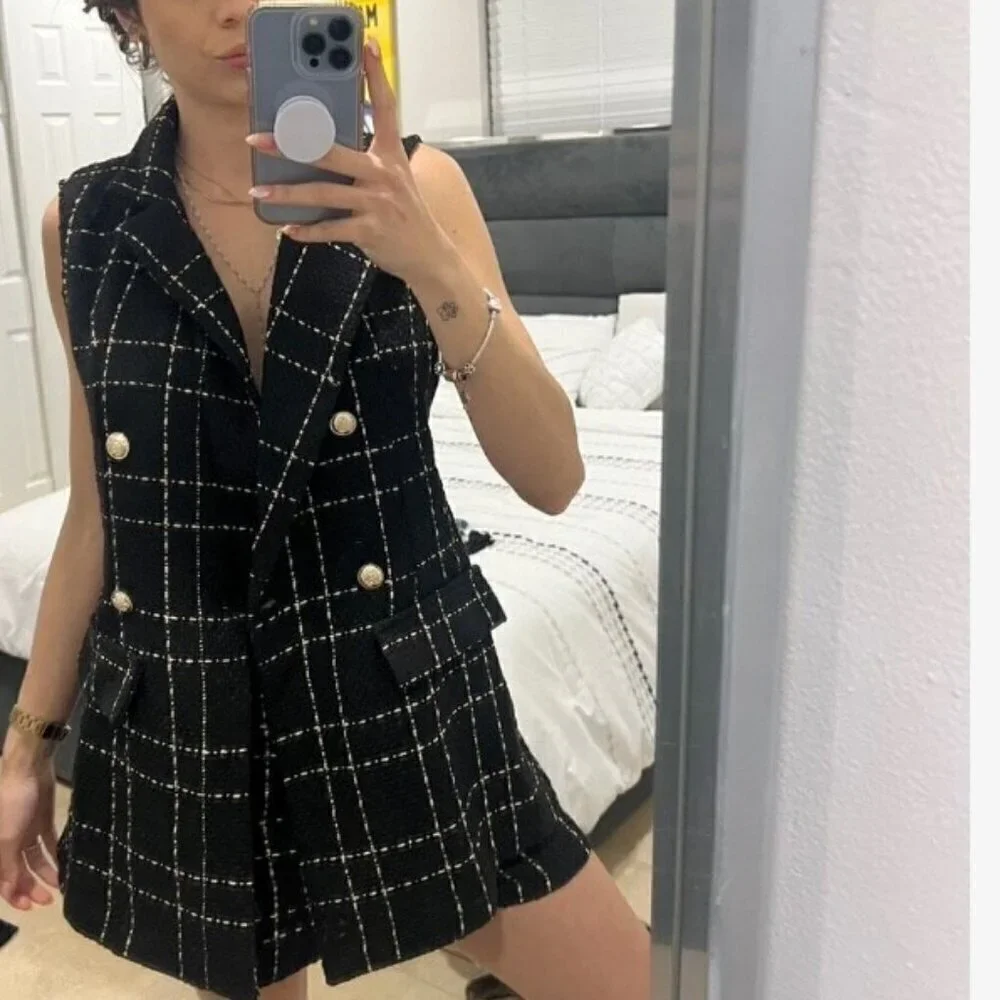 Fall Stylish Plaid Double Breasted Tweed Vest Blazer & Shorts